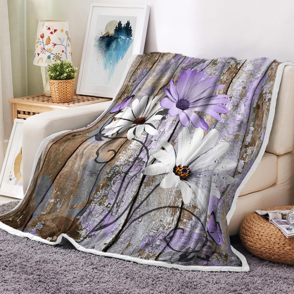 JAWO Farmhouse Flower Floral Throw Blanket, Rustic Purple Daisy Fleece Cozy Warm Bed Couch Blanket, Country Purple Brown Fleece Flannel Throws to Decorate the Room and Bedroom Warm Blanket 50X60IN
