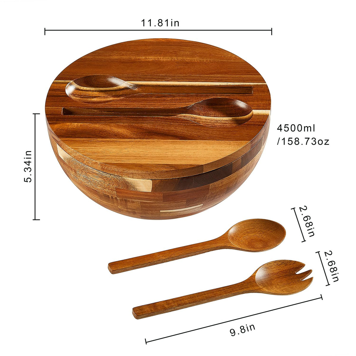 JOYMAY Salad Bowls Wood Salad Bowl Set with Lid 11.8 Inch Large Wooden Bowls Set Acacia Wood Serving-Bowl with Serving Utensils Bowl for Kitchen, Dining, Party