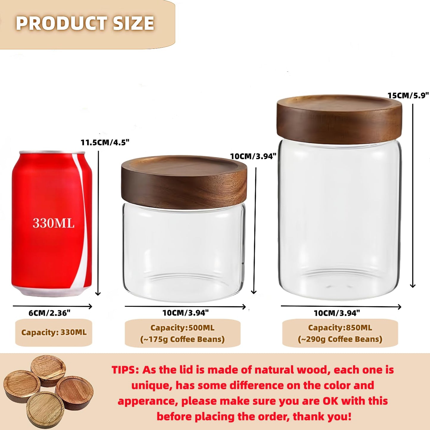 28 Fl oz/850 ml Glass Food Storage Jar, Premium Clear Glass Container Jar with Airtight Screw-on Wooden Lid, Kitchen Canisters for Coffee,Tea,Pasta,Cookies, Nuts,Spice,Candy,Overnight Oatmeal（Medium）