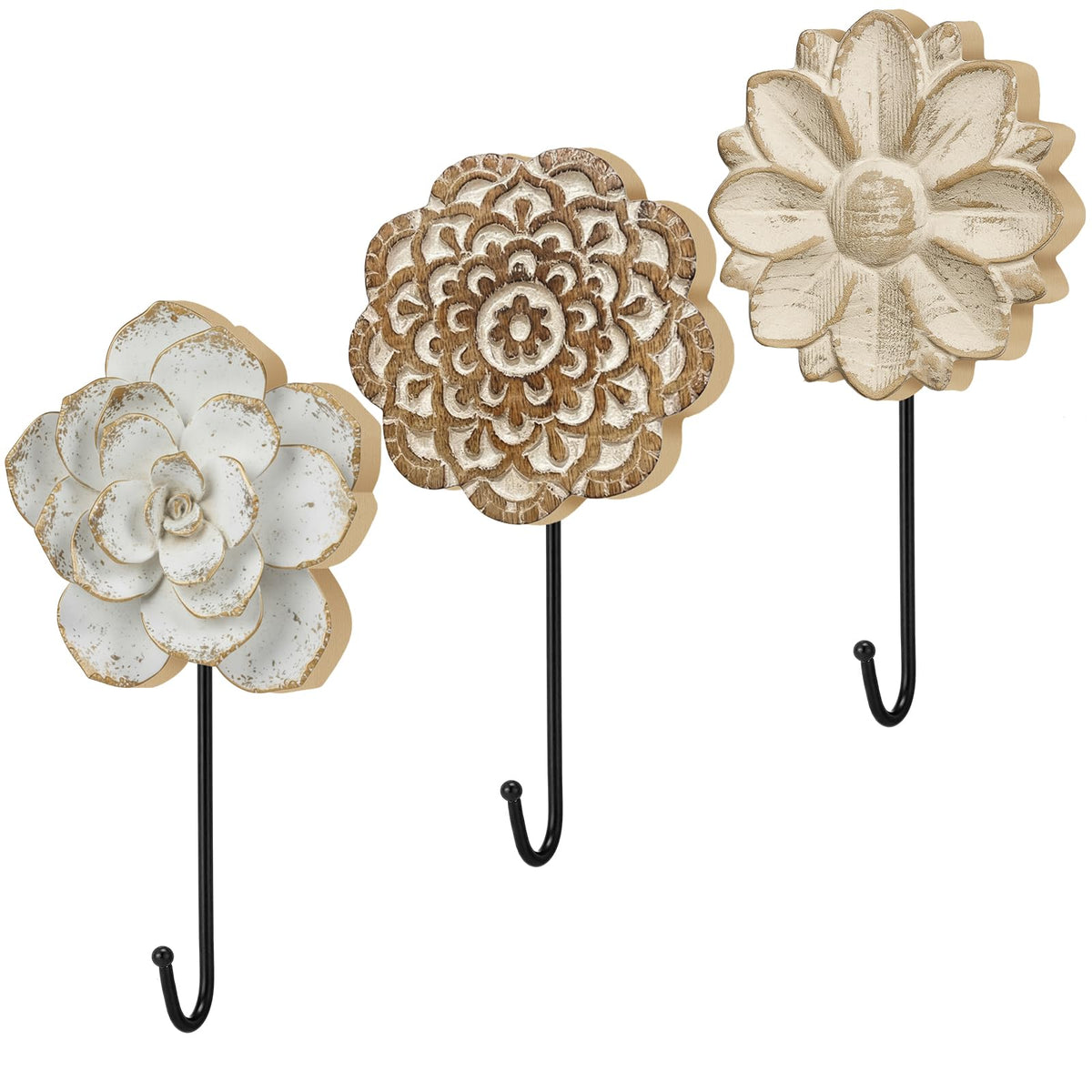 Bucherry 3 Pcs Large Decorative Flower Wall Hooks 8.27inch Boho Coat Hooks Decorative Hangers for Clothing Towels Bags Bathroom Home Decoration Warming Gifts