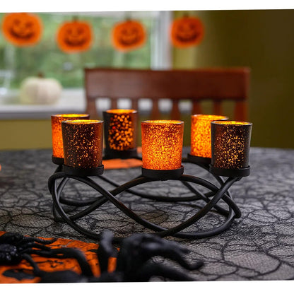Seraphic Halloween Centerpiece Table Decor Candle Holder for Kitchen, Dining Room, and Coffee Tables, Glass Votive Tealight Holders, Black, 6 Black/Orange Cups
