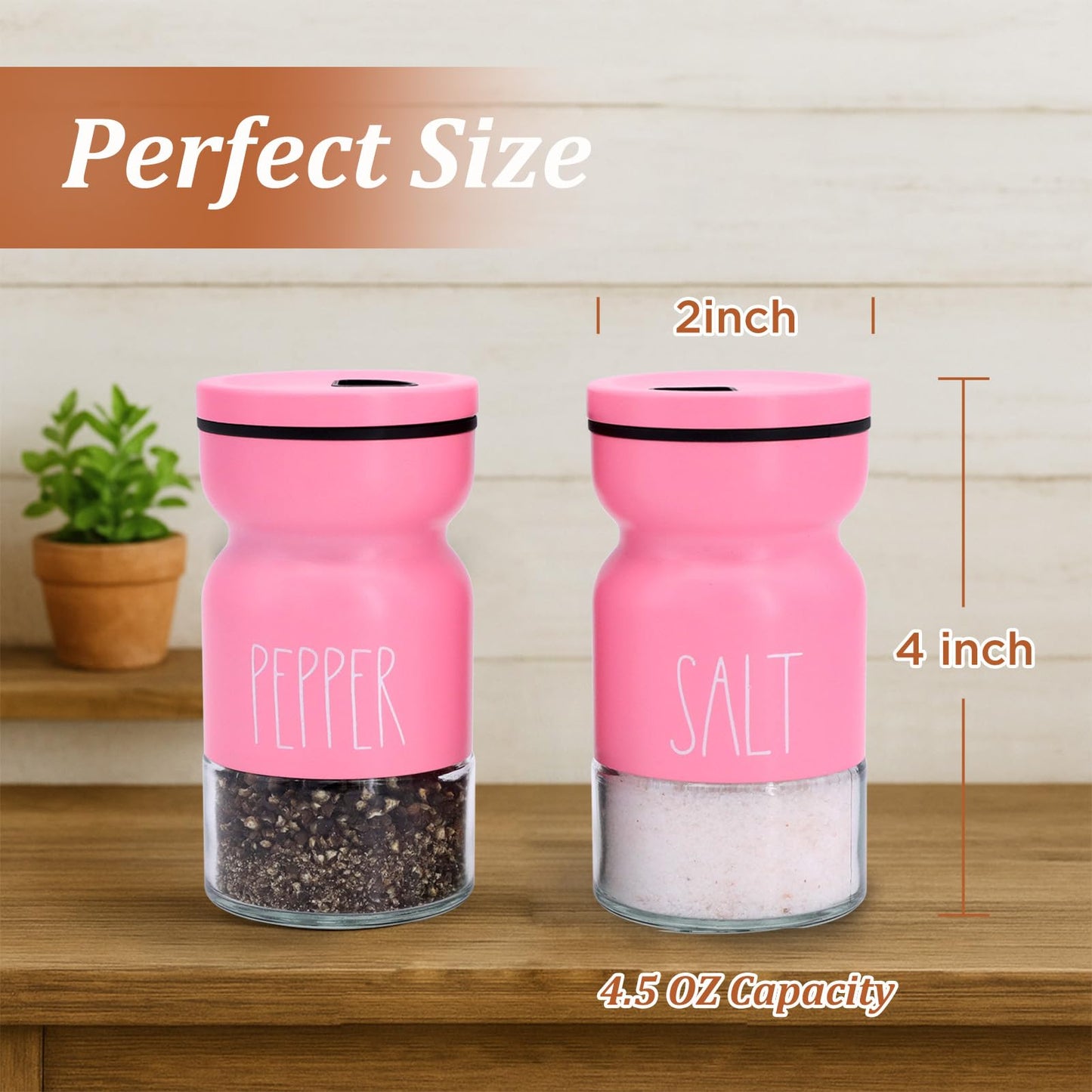 Pink Salt and Pepper Shakers Set, Cute Farmhouse Kitchen Decor for Home Restaurants Wedding, 4.5 oz Glass Salt Shaker with Adjustable Pour Holes