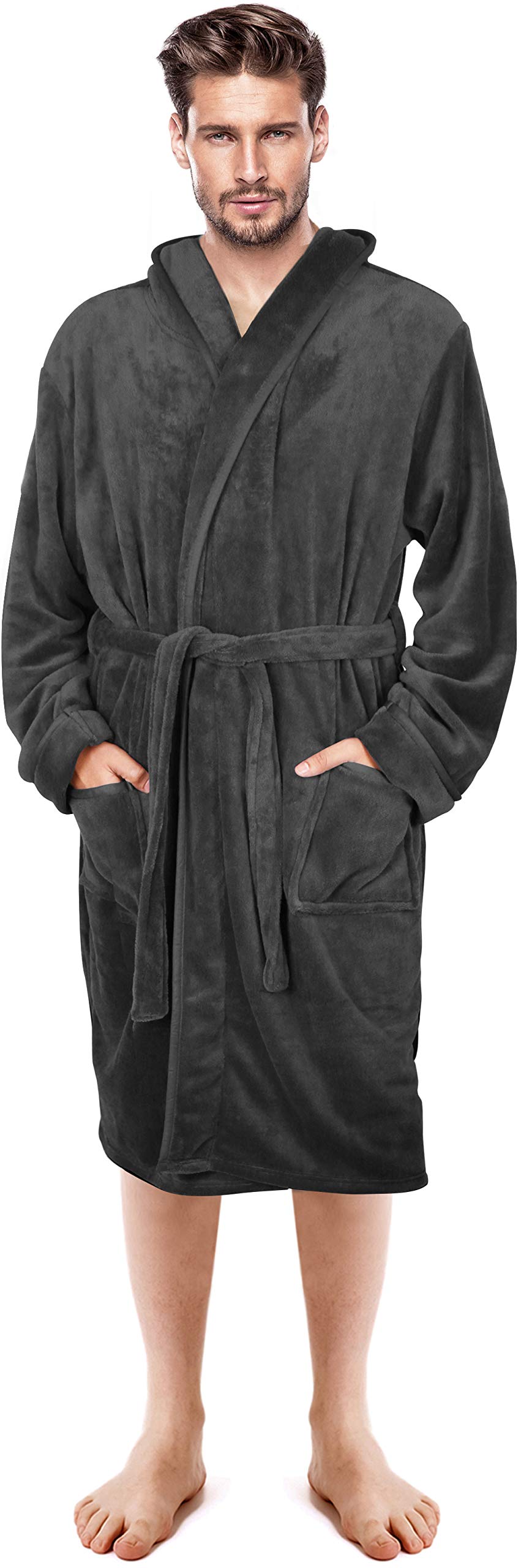 NY Threads Luxury Men’s Hooded Dressing Gown Super Soft Men’s Fleece Robe Cozy Hooded Plush Loungewear, Large, Dark Grey