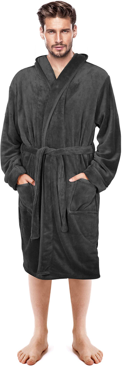 NY Threads Luxury Men’s Hooded Dressing Gown Super Soft Men’s Fleece Robe Cozy Hooded Plush Loungewear, Large, Dark Grey