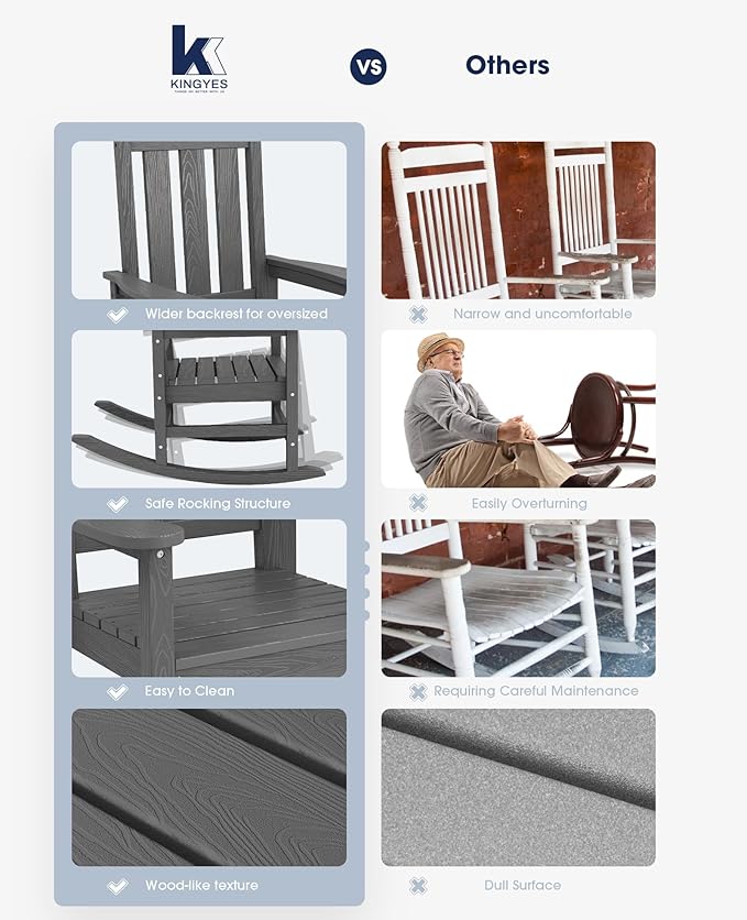 KINGYES Oversized Outdoor Rocking Chair, All-Weather Patio Rocking Chairs for Porch, HDPE Outdoor Patio Rockers with High Back & Wide Seat for Garden, Lawn, Gray