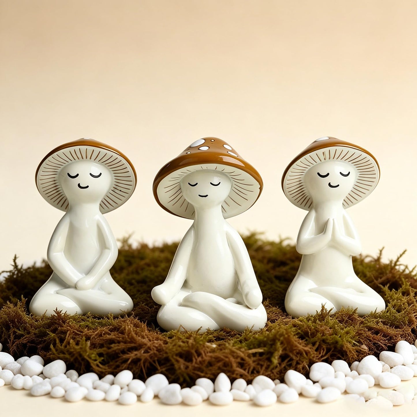 O-FarFarm 3 Pcs Mushroom Decor Figurines - Meditation Decor Statues for Living Room, Bedroom, Office - Resin Sculptures for Mindfulness Enthusiasts Home Decor Lovers Nature Lovers (White-Brown)