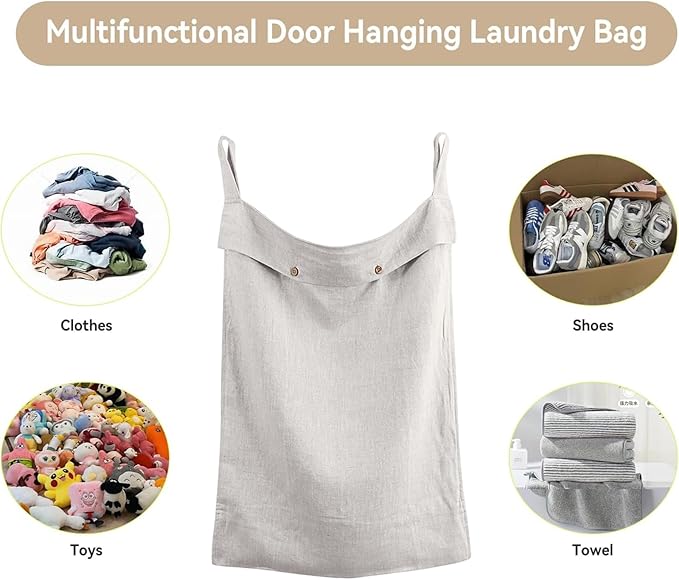 100% Linen Hanging Laundry Hamper Bag 22x36 Inch, Over the Door