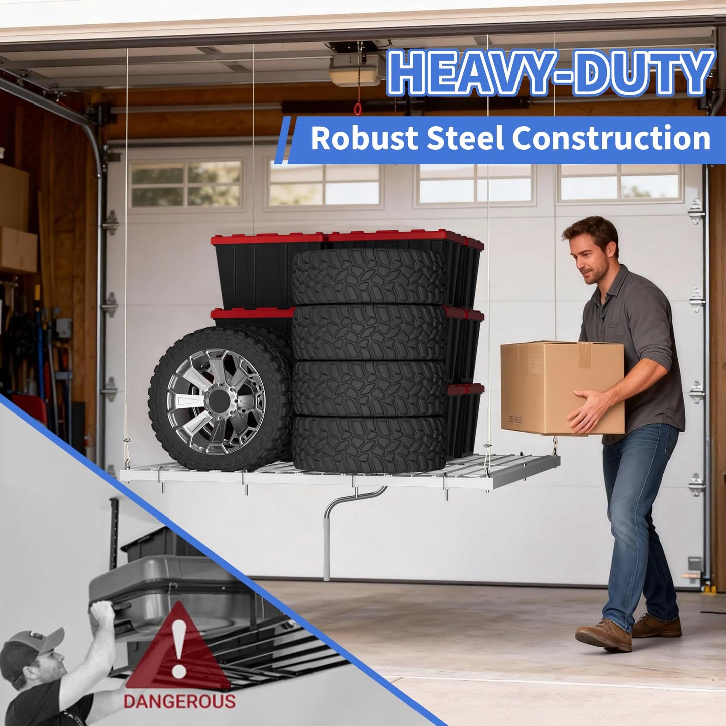 Overhead Garage Lifting Storage Rack, Maximize Your Garage Storage with Our 4x4 Ft Heavy-Duty Ceiling Storage Rack System, Supports 350 lbs, Adjustable & Easy to Install (White 4x4 ft)