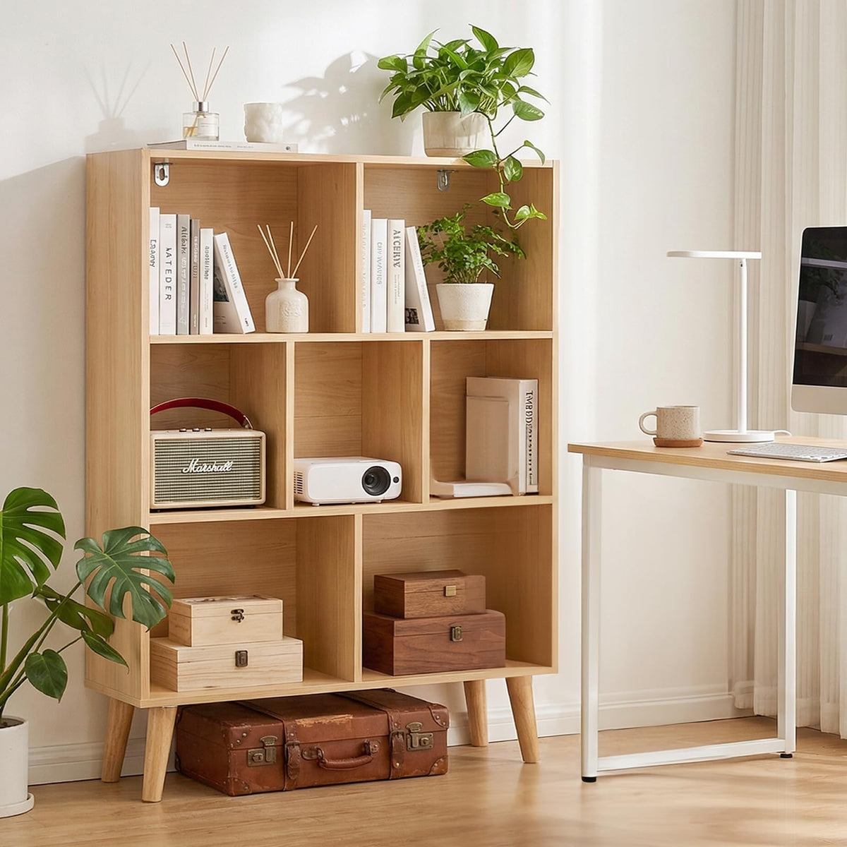 DUMOS Book Shelf, 7 Cube Storage Organizer with Legs, 3-Tier Modern Wooden Bookcase, Open Standing Display Shelf for Living Room, Bedroom, Office, Light Pine