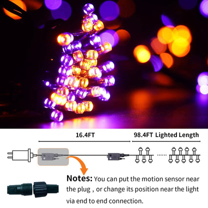 Rotu Halloween String Lights Outdoor with Music Sync Spooky Sounds 300 LED 114.8ft Indoor Fairy String Lights Waterproof Function for Halloween Party Haunted House Decorations (Purple & Orange)