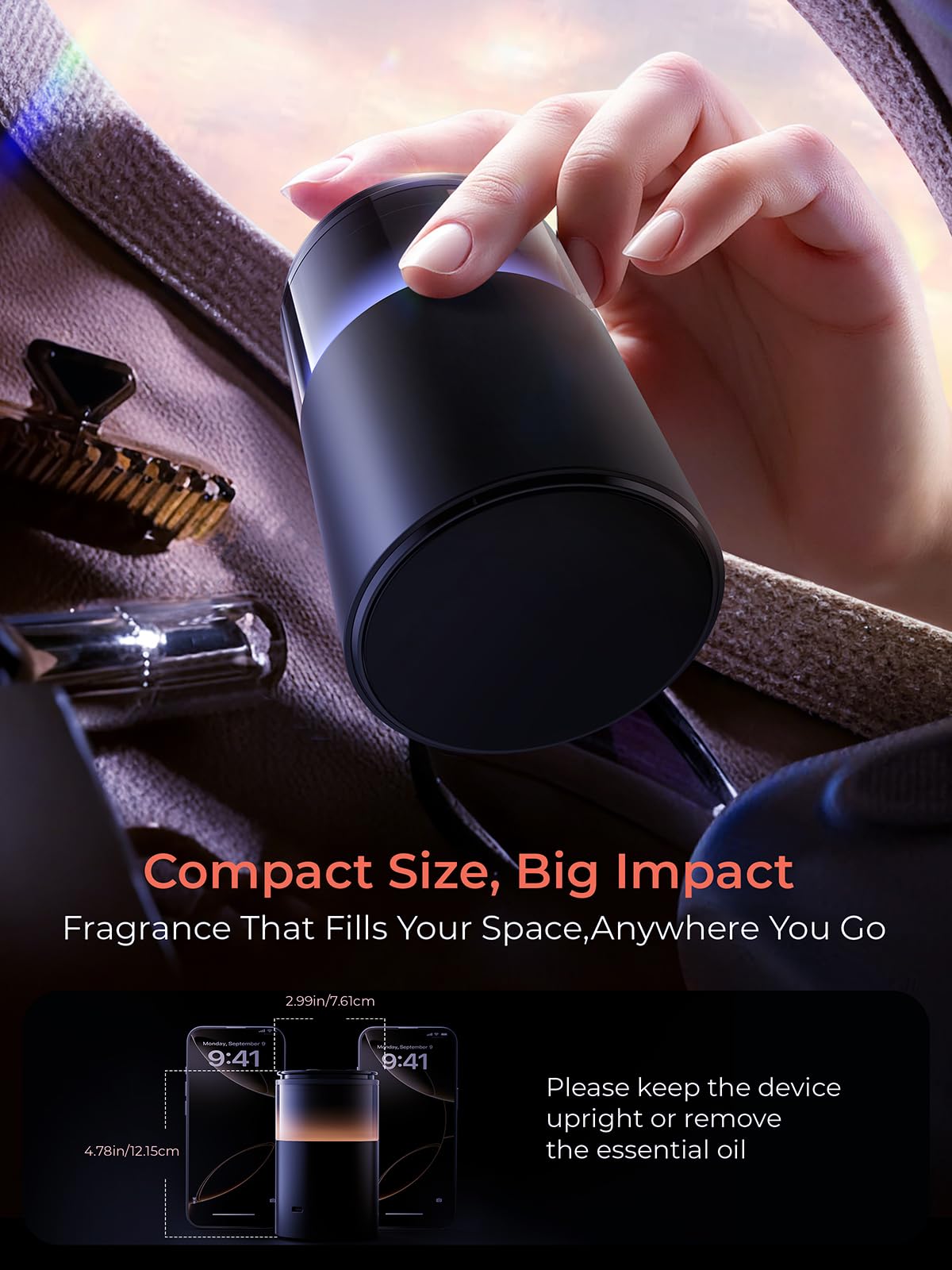 Pmsusoow Battery Operated Waterless Diffuser – Portable Scent Machine for Car, Office & Bedroom, Ultrasonic Aroma Mist with 9 Color LED Light, Mini Essential Oil Diffuser Obsidian Black