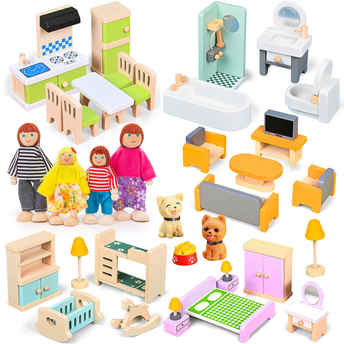 HAPGFS 36PCS Wooden Dollhouse Furniture Set with 4 Flexible Family Dolls - 5 Room Realistic Doll House Accessories for Toddlers 3 4 5 6, Pretend Play Toys Gift for Birthday and Christmas