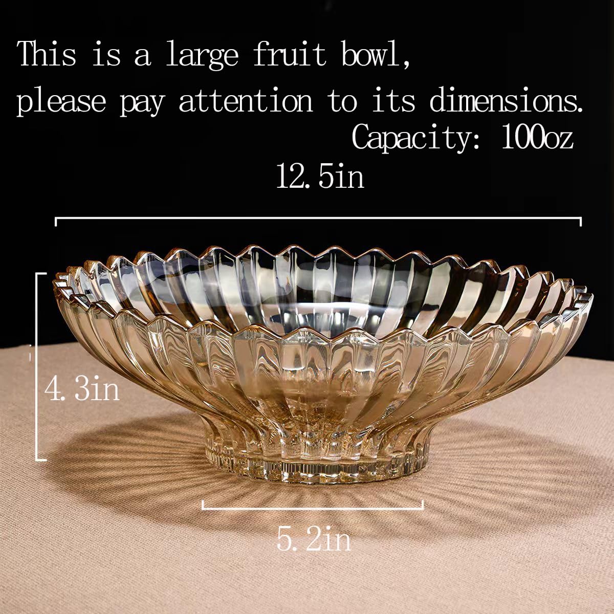 Rxcvkmw Glass Fruit Bowl or Decorative Bowl, used for Kitchen counter or living room center table decoration, 12.5 inch Fruit Bowl or Center Bowl (Amber)