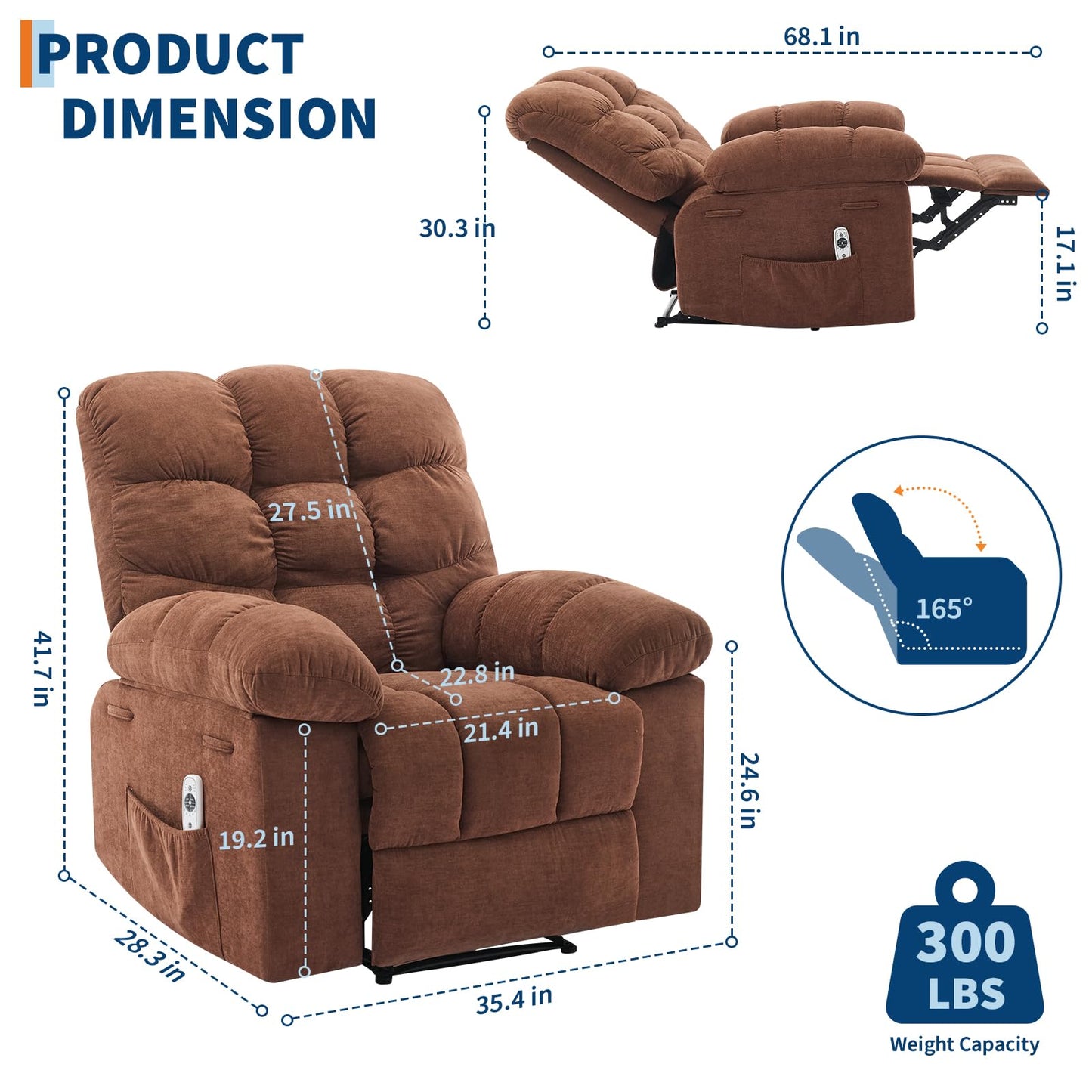 Nursery Chairs, Chair with Massage and Heat,Heat Ergonomic Overstuffed Breathable Fabric Reclining Chair with 2 Side Pockets, Remote Control, Living Room, Bedroom