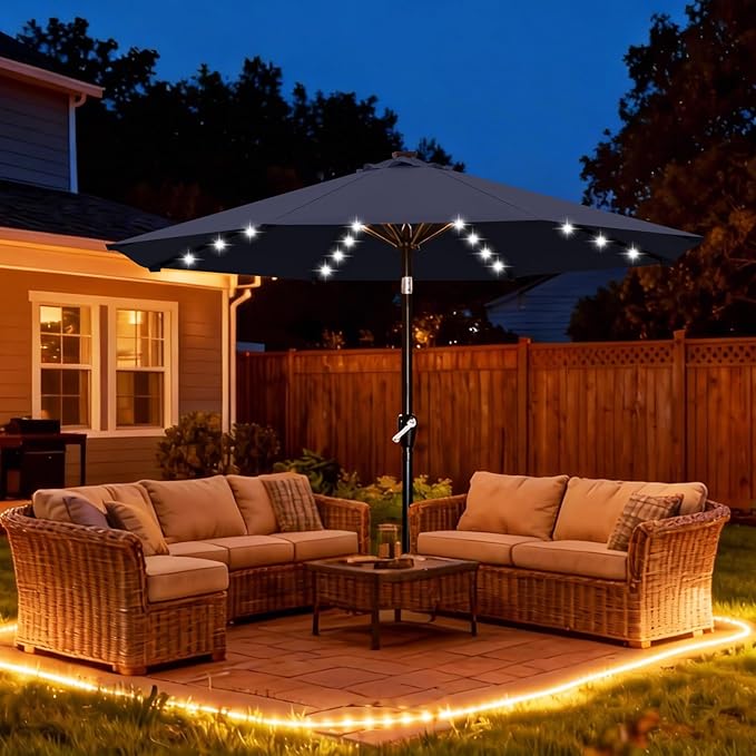 ABCCANOPY Durable Solar Led Patio Umbrellas with 32LED Lights 9FT (Navy Blue)