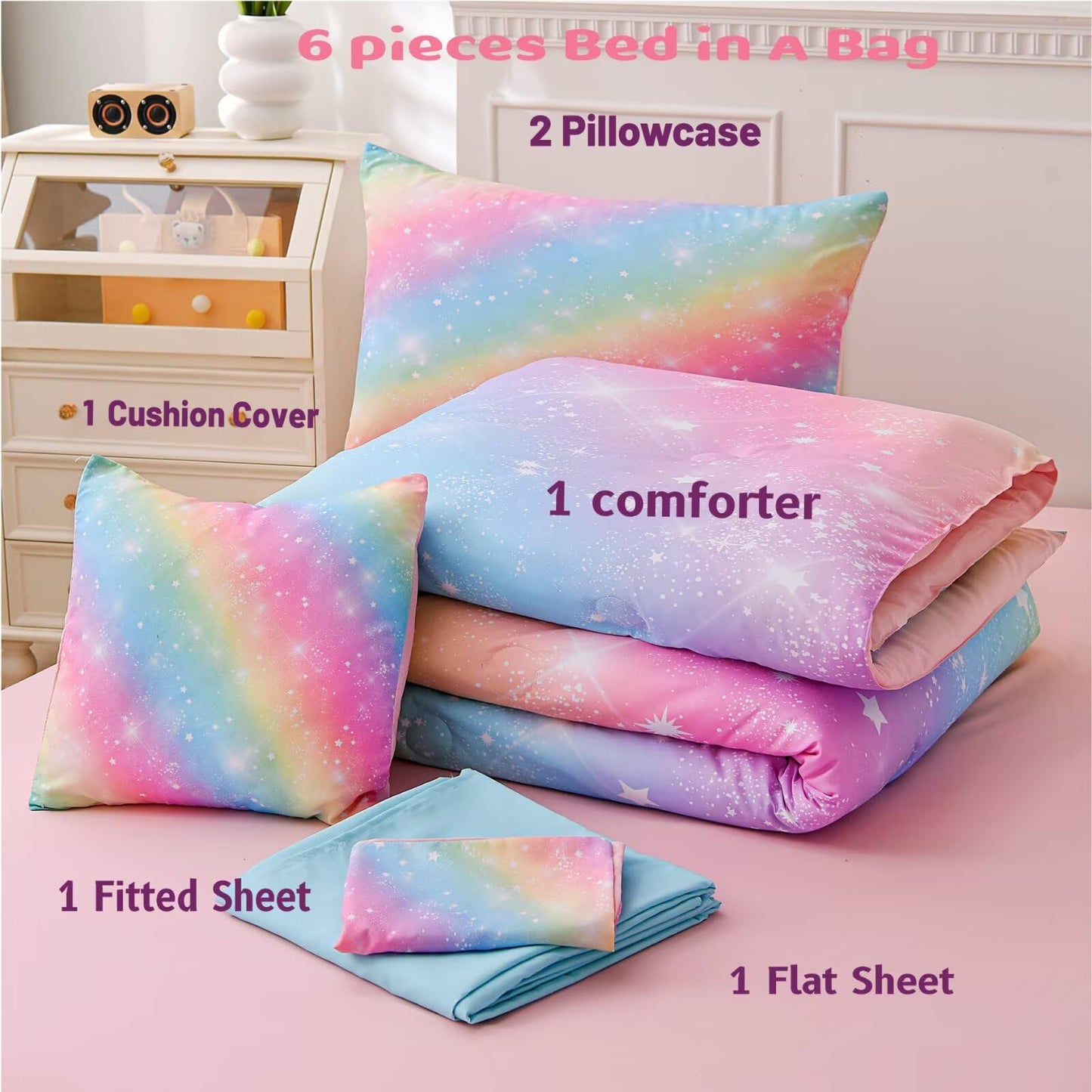 GRAT TIOC 6 Pieces Pink Twin Comforter Set for Girls,Kids Glitter Galaxy Rainbow Bedding Sets Bed in A Bag (1 Comforter, 1 Flat Sheet,1 Fitted Sheet,2 Pillowcases and 1 Cushion Cover)
