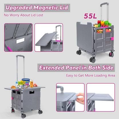 FELICON SELORSS Folding Utility Cart Rolling Crate Tote Basket Box Storage Handcart on 4 Swivel Wheels with Adjustable Handle Extended Magnetic Lid for Teacher Move Shop Travel Grocery Office(Gray)