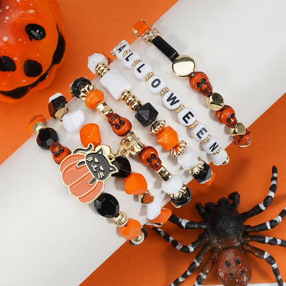 Twinfree 4 Sets Halloween Stretch Bracelets for Women, Pumpkin Ghost Cat Bat Design Beaded Bracelet