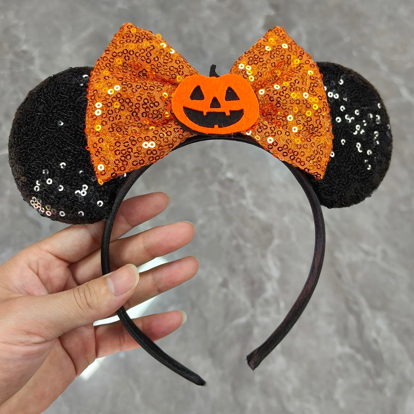 TEBWPIY Halloween Headband - Black Mouse Ears Headband with Shiny Orange Bows and Pumpkin Decoration, Costume Headwear for Girls Women, One Size Fits Most