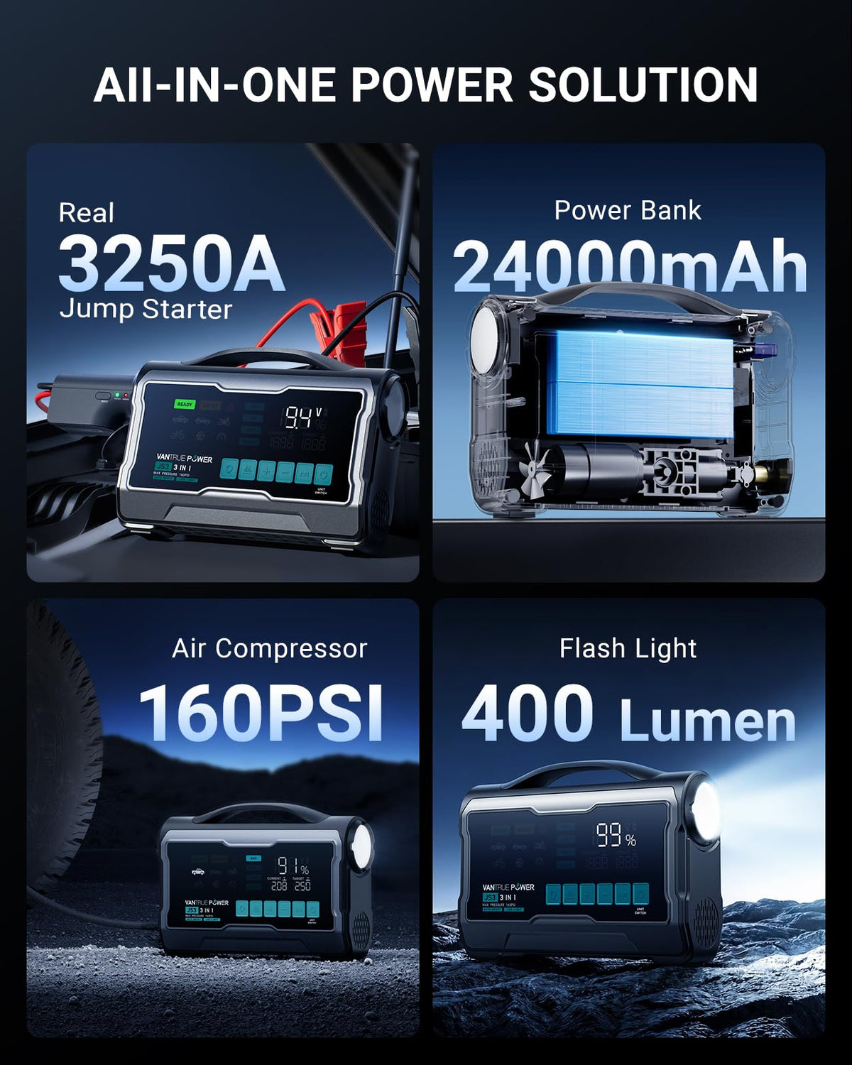 VANTRUE POWER JS3 Real 3250A Jump Starter with Air Compressor 160PSI, 12V Car Battery Booster with Display, Jump Box with Light, Support 65W Fast Charging Power Bank, 8.0L Gas/3.8L Diesel Engines