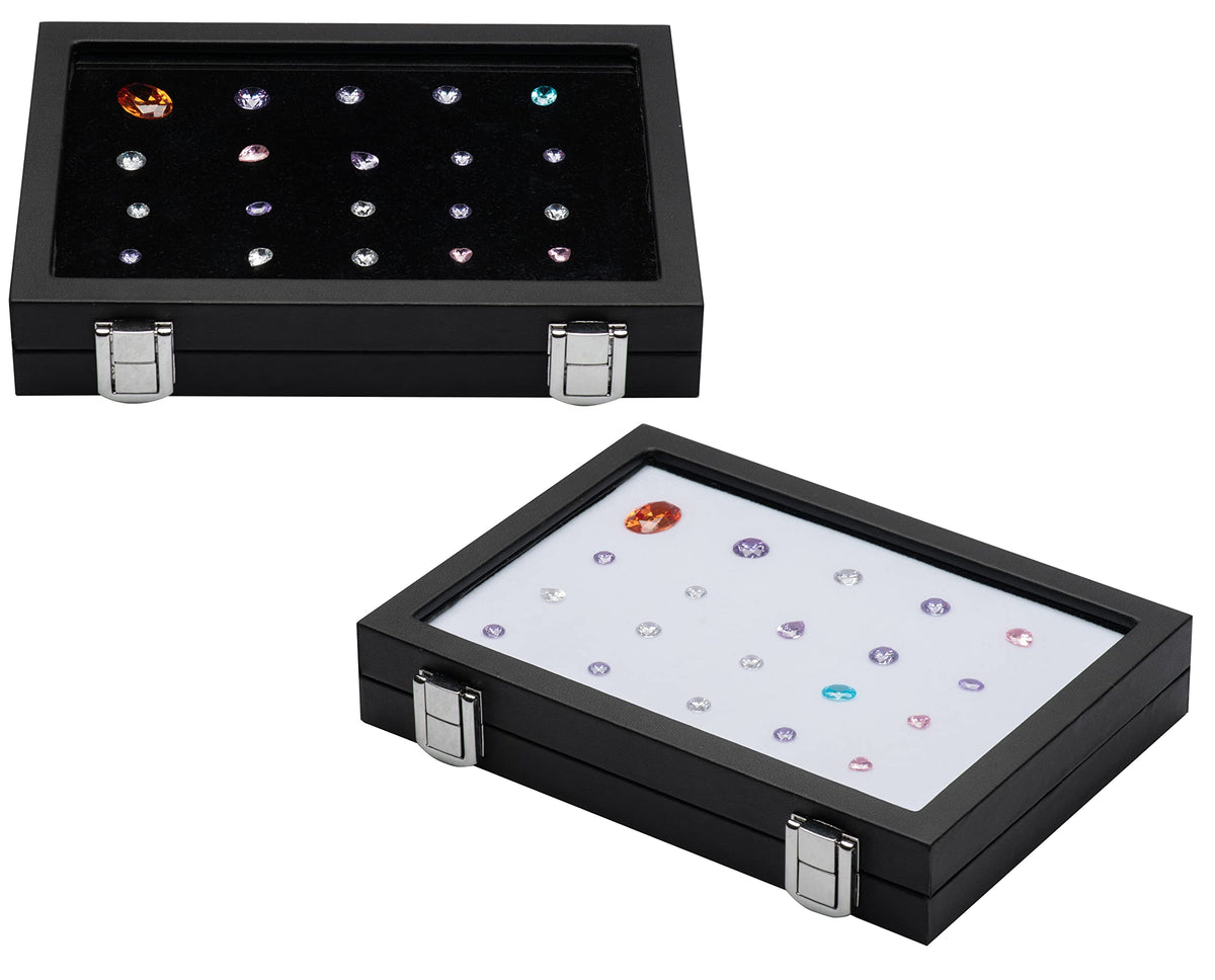 Giftop Jewelry Display Case Tempered Glass Top Lid Black Leatherette,Gemstone Display Case Jewelry Storage Box with Metal Clasp (Half-Size)