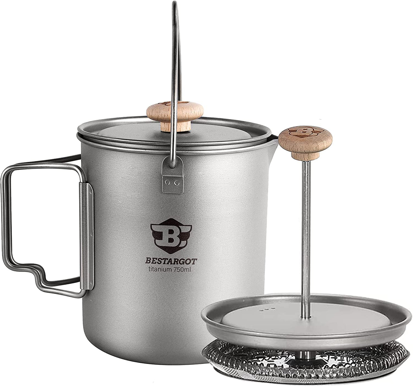 Bestargot Titanium Pot 750ml, Portable French Press | Ultralight Camping Pot for Coffee, Cooking & Survival | Compatible with Camp Stoves