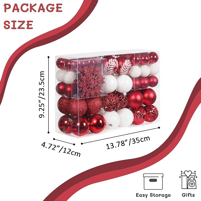 SY CRAFT 86 Pieces of Assorted Shatterproof Christmas Ball Snowflake Ornaments Seasonal Decorative Hanging Ornament Set with Hand-held Gift Package for Xmas Tree Decorations (86PCS, Red)