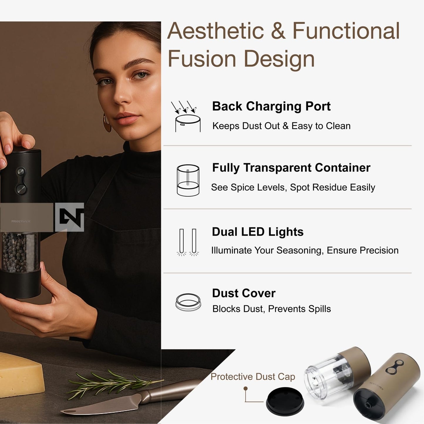 Electric Salt and Pepper Grinder Set USB-C Rechargeable, Dual-Speed Automatic Salt and Pepper Mills with 9 Adjustable Coarseness, Ceramic Burr, LED Light, Refillable, (Taupe Brown）