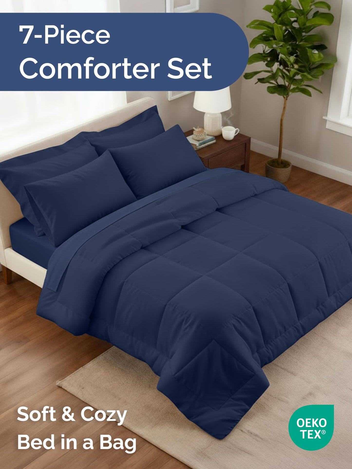 Queen Comforter Set Navy Blue - Bed in a Bag Queen Size 7 Pieces - Down Alternative Duvet Insert - Lightweight Comforter Bedding Set with Flat Sheet, Fitted Sheet, Pillowcases & Shams for All Seasons
