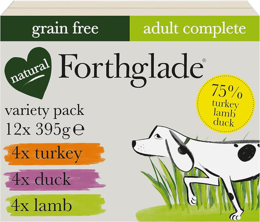 Forthglade Wet Dog Food Variety Pack (12 x 395g Trays) - Grain Free & Hypoallergenic Dog Food, Adult 1 Year+, Turkey, Lamb & Duck with Vegetables, Complete Stomach Sensitive Meals, Natural Ingredients