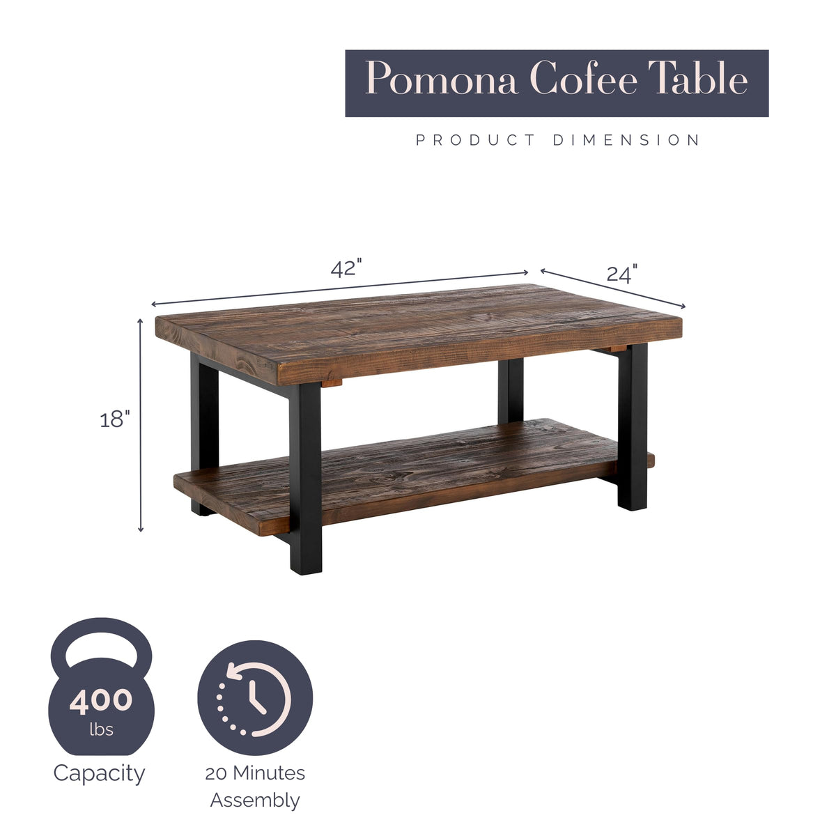 Pomona 42-Inch Rectangular Solid Wood Coffee Table with Storage Shelf & Metal Legs – Rustic Industrial Farmhouse Living Room Table by Alaterre Furniture (Rustic Natural)