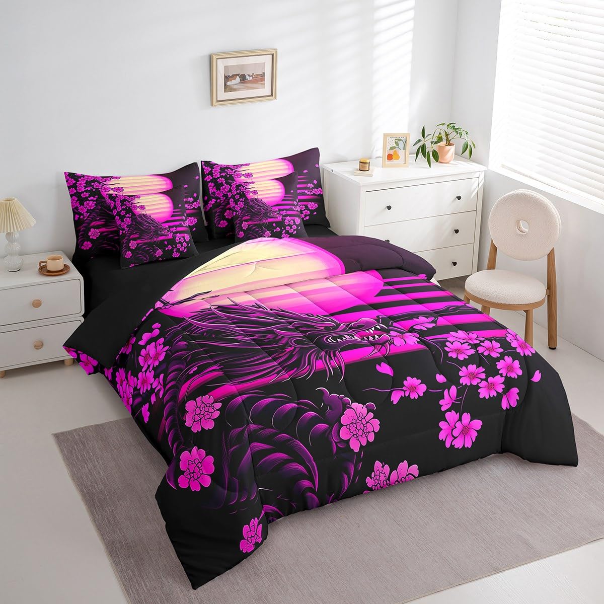 Erosebridal Japanese Cherry Blossom Bed in A Bag Exotic Magical Wildlife Dragon Bedding Set for Kids Boys Girls,Ukiyo-E Theme Twin Comforter Set 7 Piece Pink Sakura Flower Bed Set