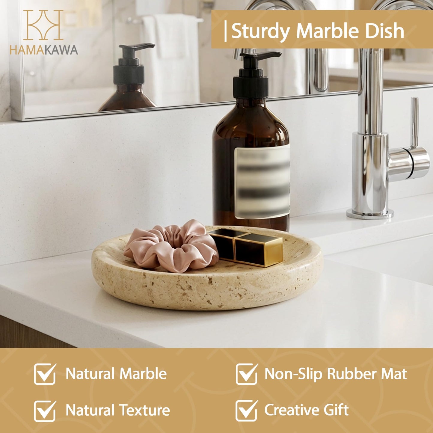 HAMAKAWA Turkish Natural Marble Jewelry Dish, Round Ring Dish 5.5 inch, Beige Trinket Tray, Travertine Bathroom Soap Holder, Decorative Stone Dish for Earrings, Ideal Gift for Women