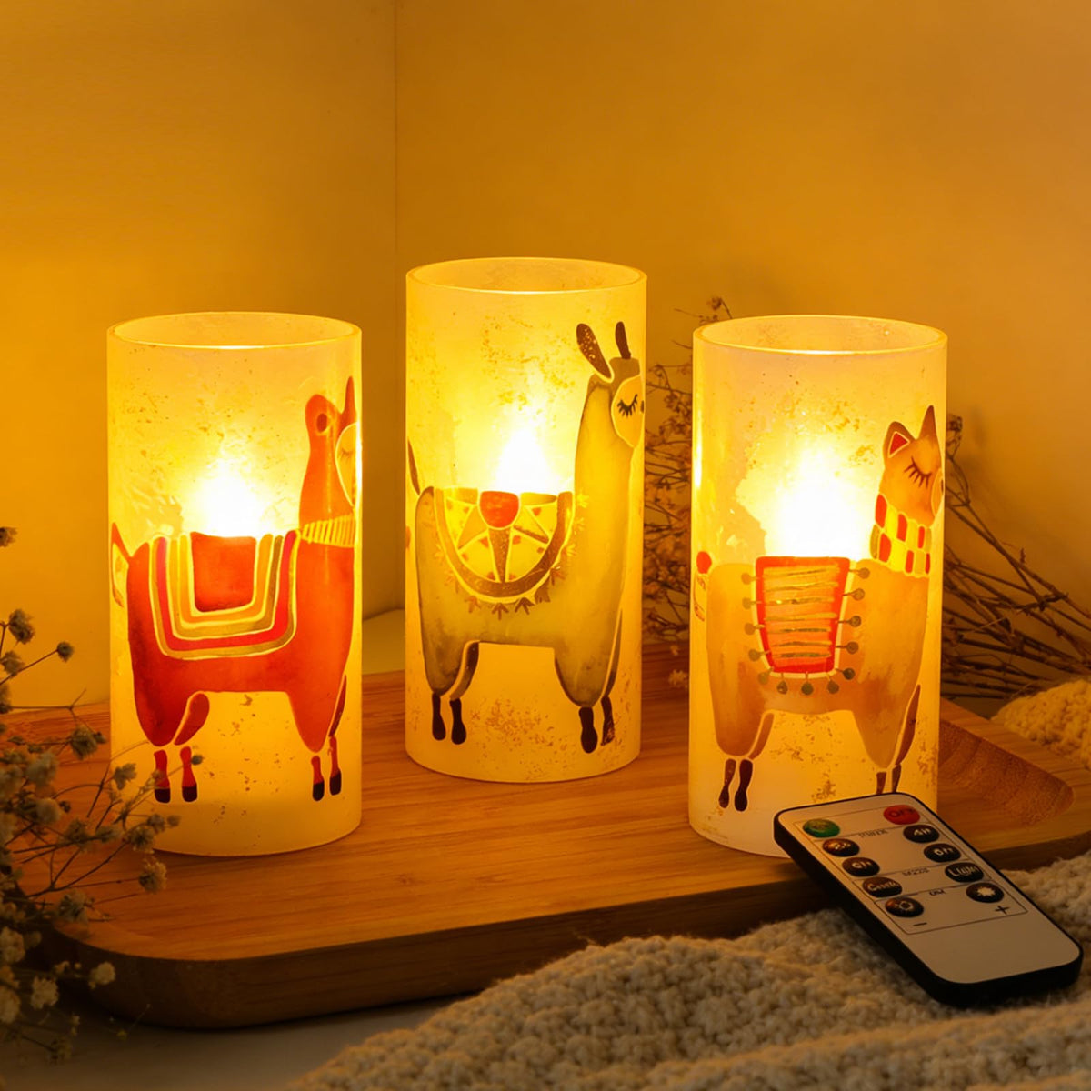 FLAVCHARM Set of 3 Glass Flameless Candles Alpaca Llama Decor Battery Operated Flickering Pillar LED Candle for Home Decor Party Festival Christmas Indoor Decorations