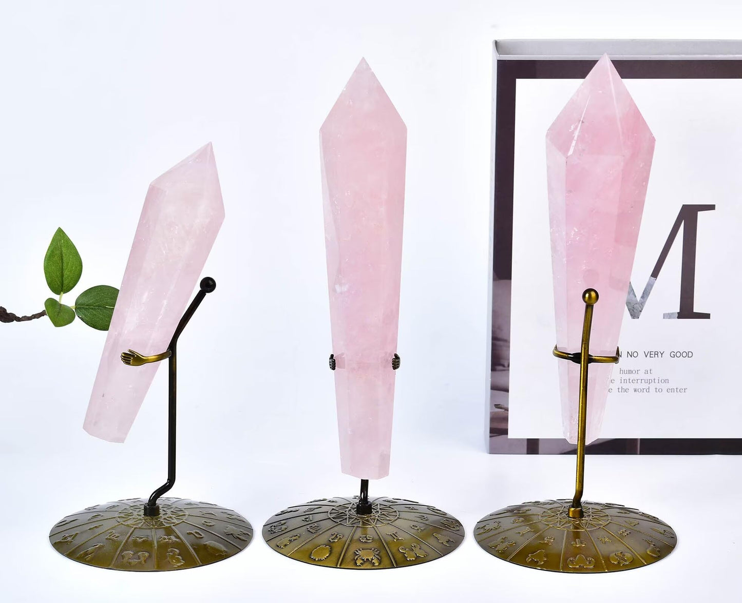 Rose Quartz Wand Point Long Healing Crystal Scepter Decorative Stone Reiki Meditation with Display Stand Home Office Decor 1.1-1.3LBS