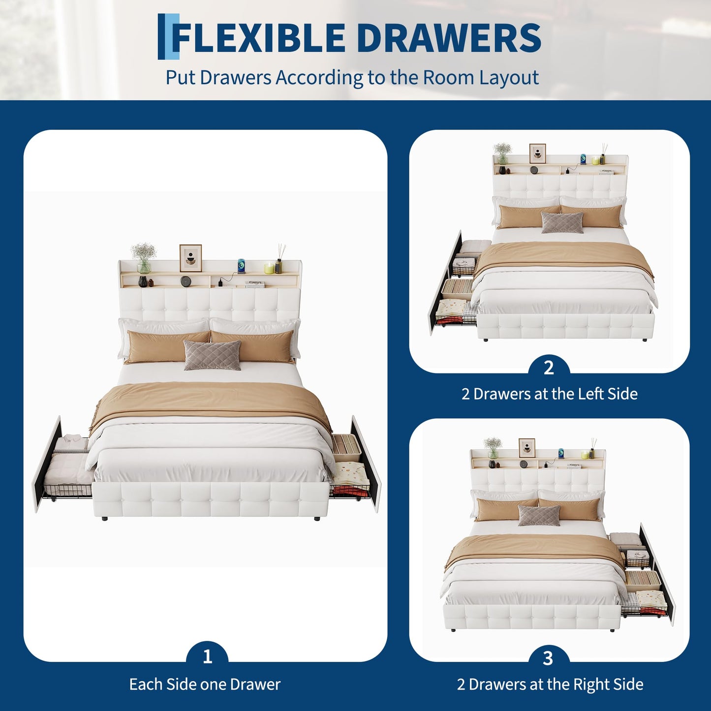 Garvee Queen Size Bed Frame with 2 Storage Drawers, Upholstered Bed Frame Queen with LED Light, Double-Layer Bedside Headboard with Charging Socket and USB Port, Soft Plush Fabric, White
