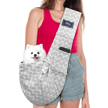 CUBY Puppy Dog Carrier, Pet Dog Sling Carrier for Small Medium Dogs Hands-free Sling Cat Carrier Comfortable Widen Shoulder Strap Double-sided Pouch Shoulder (Striped Grey, Cotton)