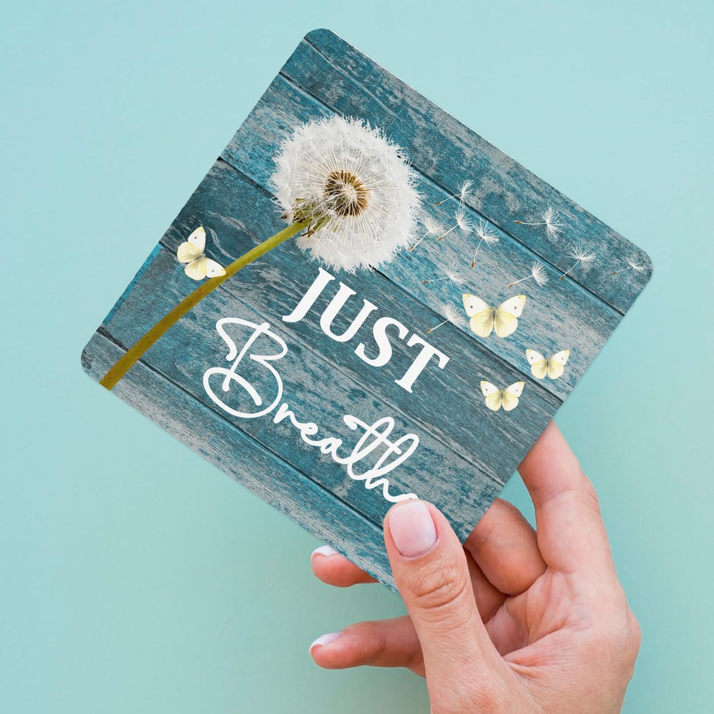 HSIASHENG Just Breathe Wooden Decor 5"X5", Just Breath Wooden Desk Table Sign for Home Office Restroom Living Room Bathroom, Funny Quote Decorative Gifts for Man Woman Friends (5x5 Inch)