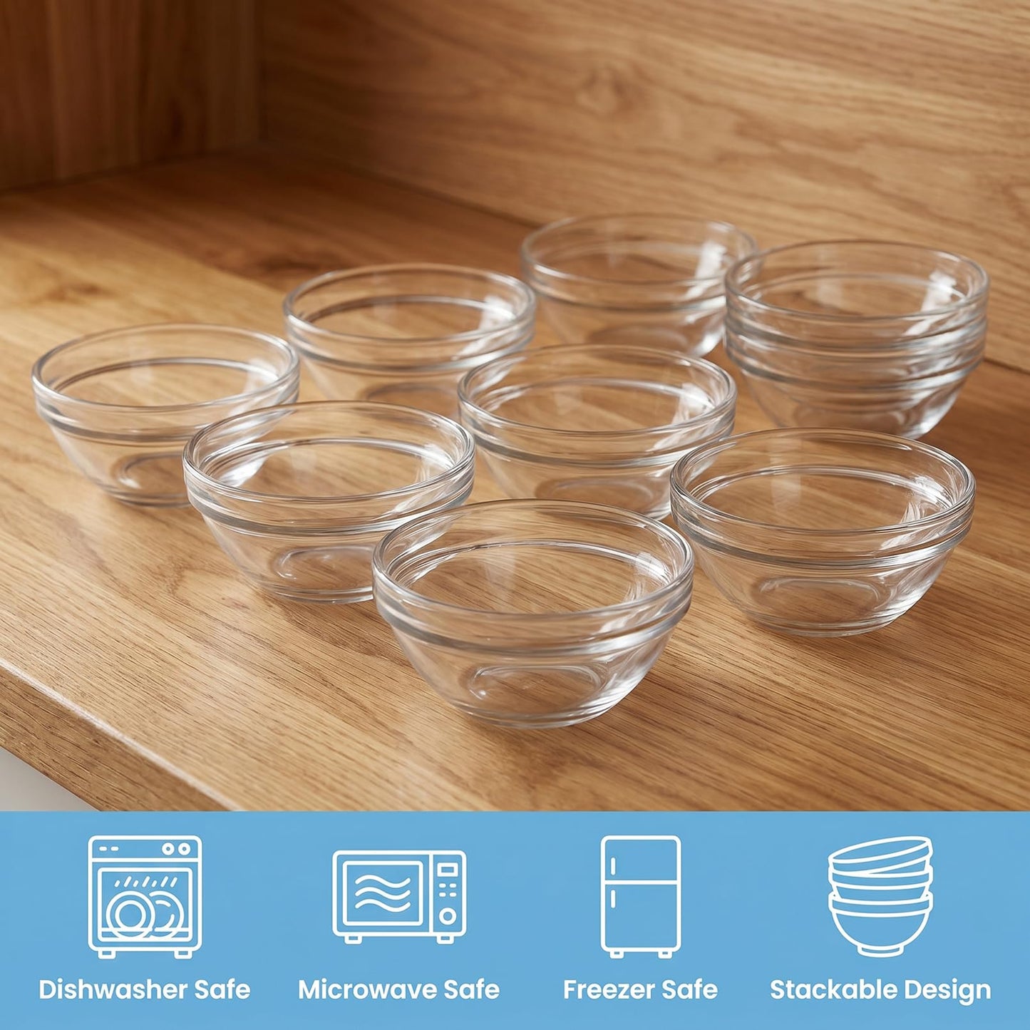 Bgtecho 8 Pcs Small Glass Pinch Bowl, 1.5oz Clear Mini Glass Bowls, 2.4 Inch Dipping Sauce Bowls, Stackable Prep Bowl for Spices Salt Dipping Sauce Candy Nuts, Dishwasher & Freezer Safe