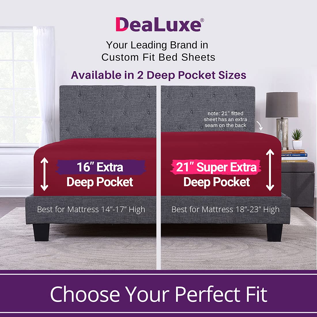 Deep Pocket King Size Sheets – 21” Oversize Bed Linens, 4Piece [Deep Flat Sheet, Fitted, 2X Zippered Pillowcases] – 18”-23” – Red