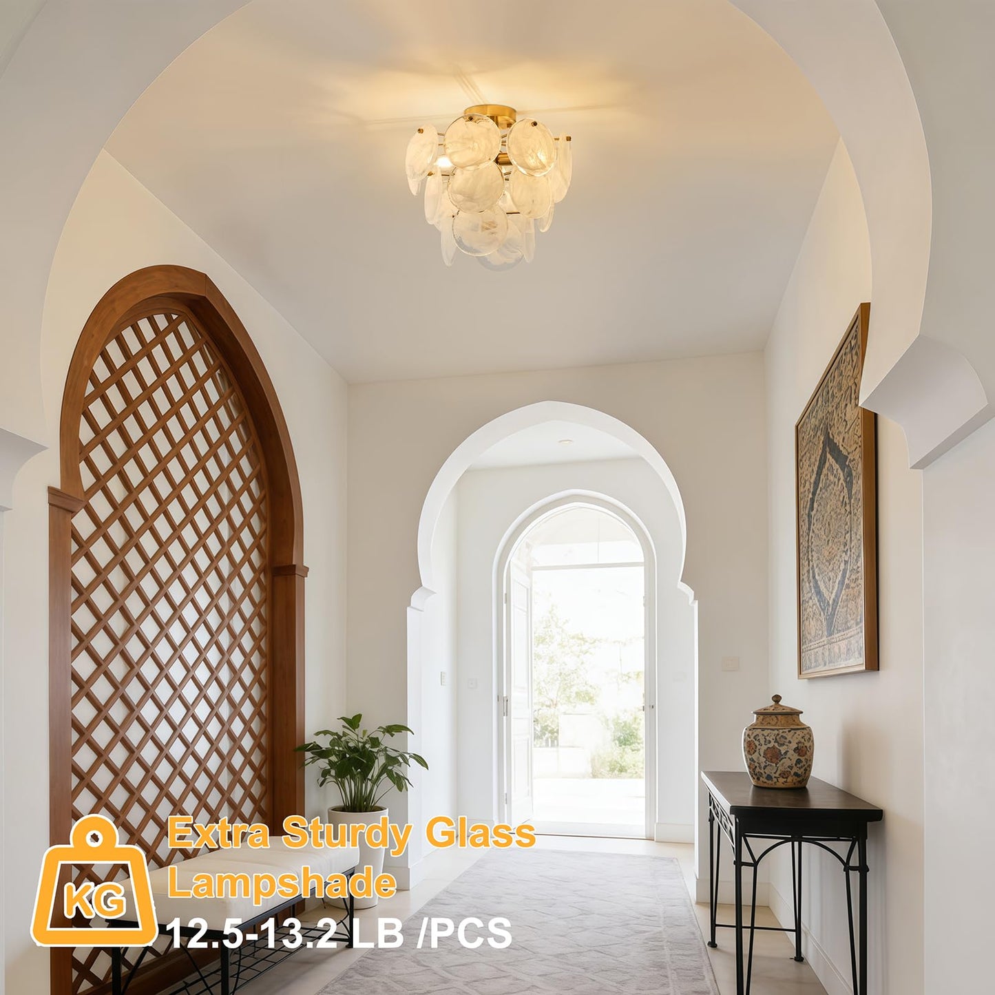 LOZOHOM 15" Brass Gold Semi Flush Mount Ceiling Light,13 lb Sturdy Vintage Flush Mount Chandelier with Unique Cloud Glass, 4-Light Modern Hallway Light Fixtures for Bedroom Laundry Room Foyer Entryway