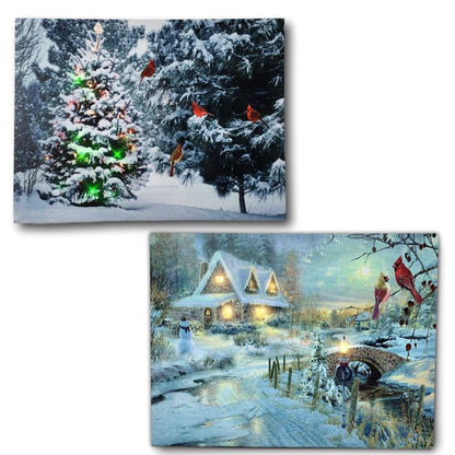 BANBERRY DESIGNS Lighted Holiday LED Wall Art - LED Cottage Along a Stream Christmas Scene with Cardinals and Snowman - Set of 2 - Old Fashioned Cobblestone Bridge - Measures 11.75" x15.75"
