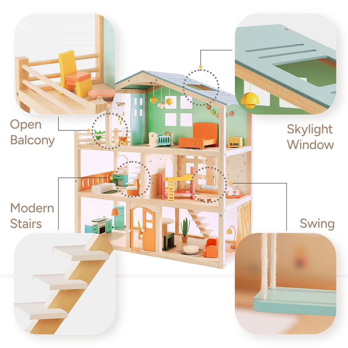 Giant bean Large Wooden Dollhouse with 32 Pcs Furniture Accessories, 3-Story Doll House 5 Rooms Balcony Wooden Stairs, Ideal Dollhouse Toy for Kids Ages 3+, 30" H x 28" L x 13" W