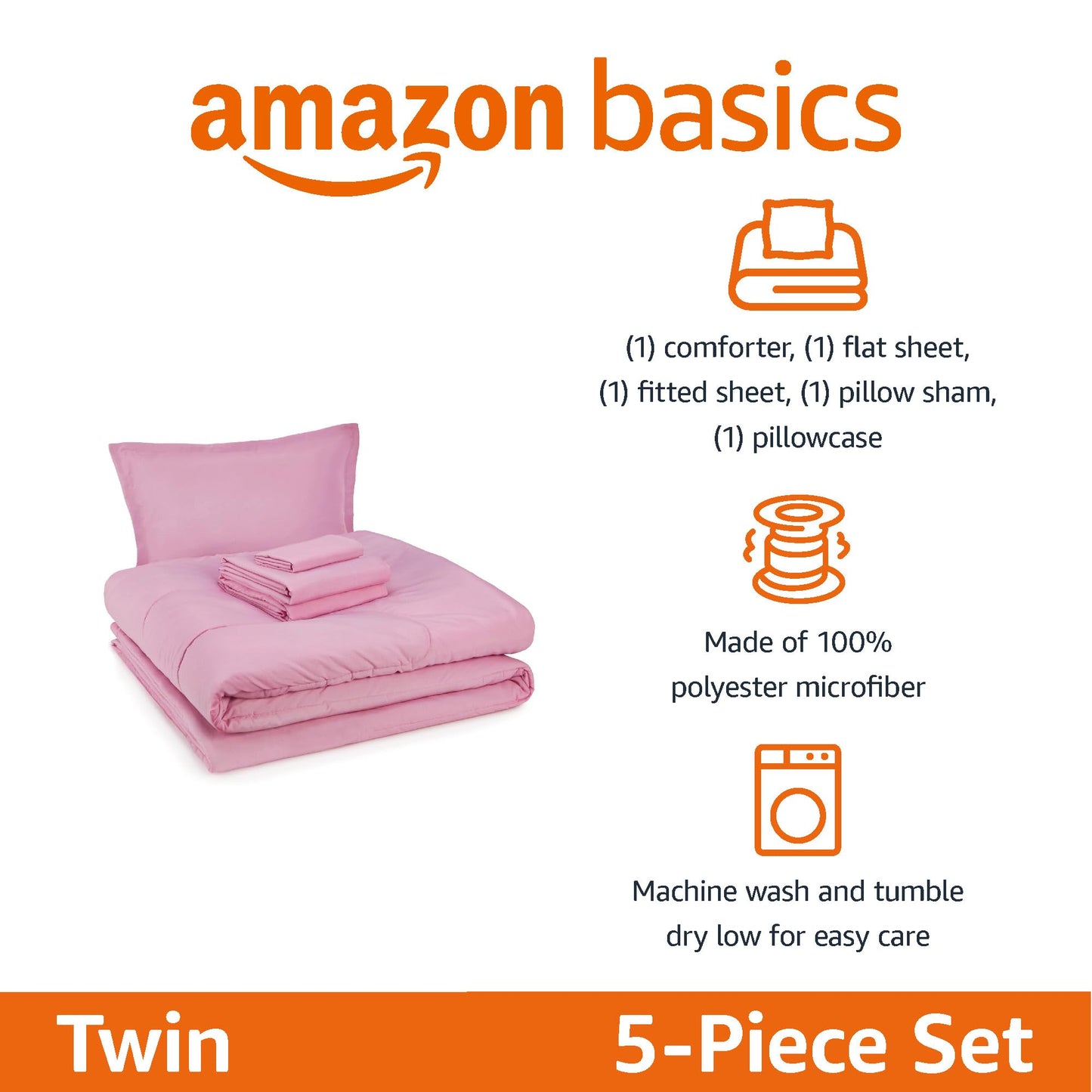 Amazon Basics 5-Piece Soft, Easy-Wash Microfiber Kid's Bed-in-a-Bag Bedding Set with Sheet and Comforter, Twin, Pink, Solid