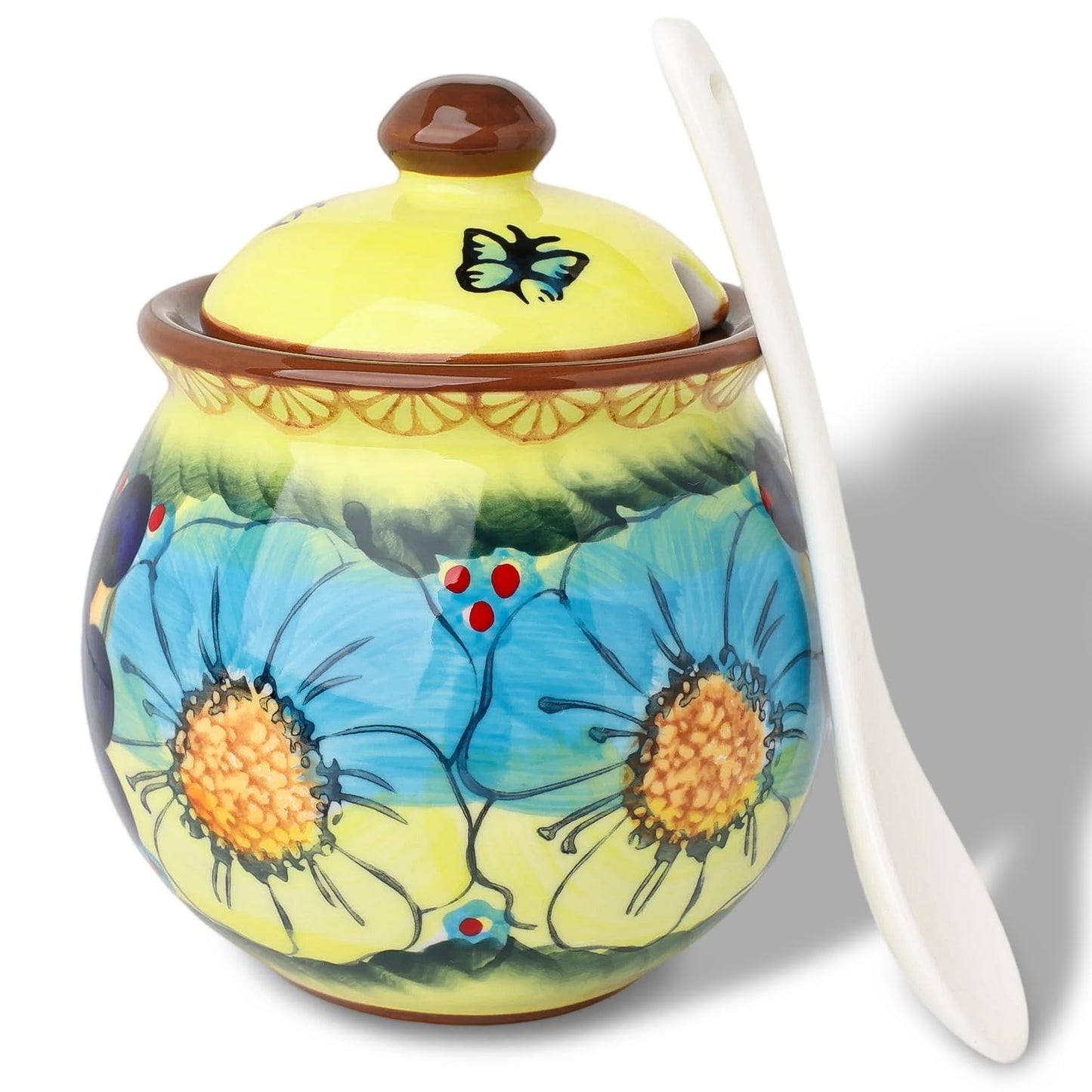 silesia Handmade Sugar Bowl with Lid and Spoon, 8 oz Hand-Painted Ceramic Sugar Jar, Floral Design Seasoning Container for sugar, honey, or spices, Dishwasher Safe (Glazed Yellow)