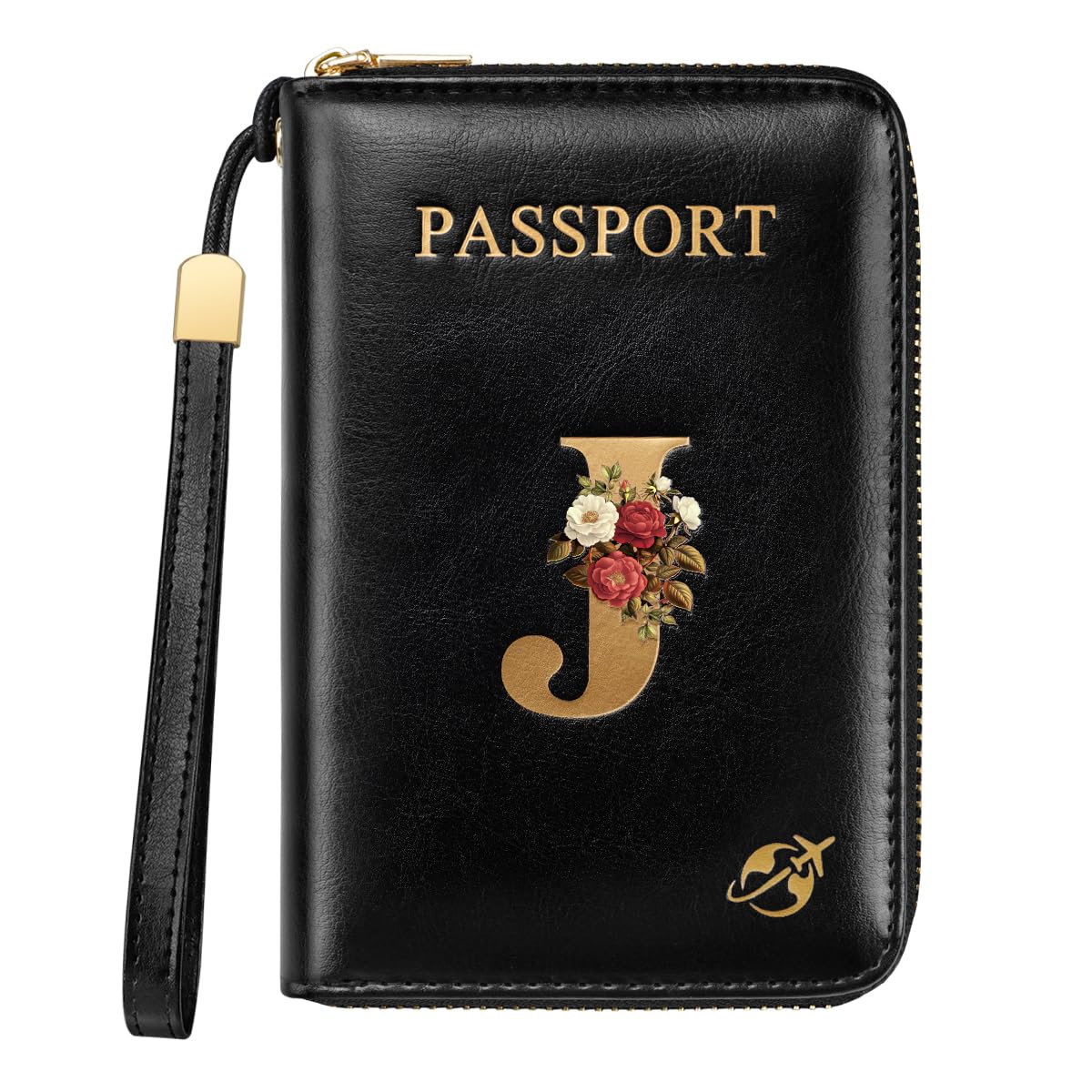 Passport Holder Cover Wallet with Zipper Personalized Initial Letter J Rose Flower RFID Blocking Travel Wallets Credit Cards Holder for Women, Gift for Wife and Girlfriend,J