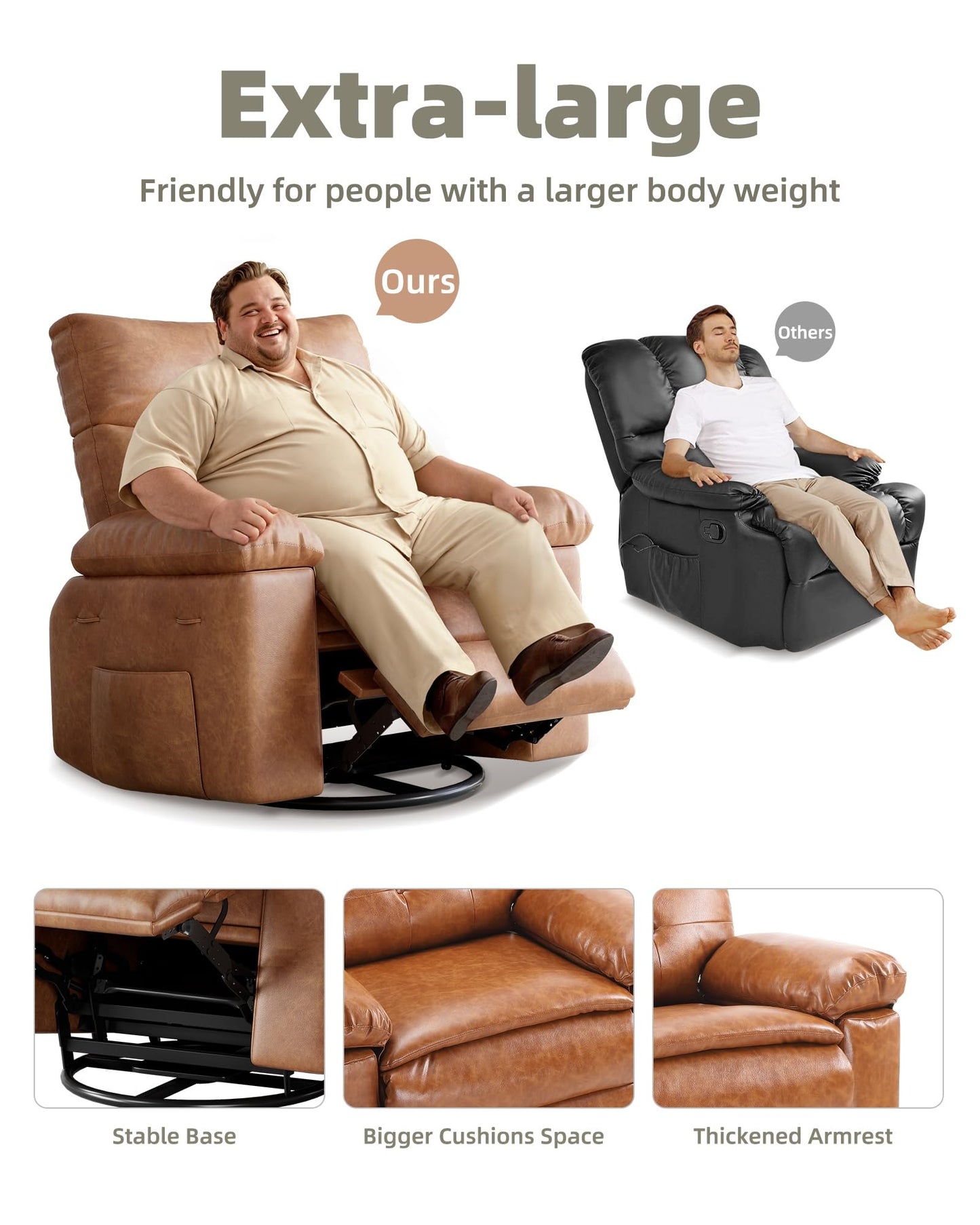 Garvee Oversized Swivel Rocker Recliner Chair - Heat and Massage, Leather Manual Recliner for Adults, Lazy Chair with Comfort Arms and Back Single Sofa for Living Room
