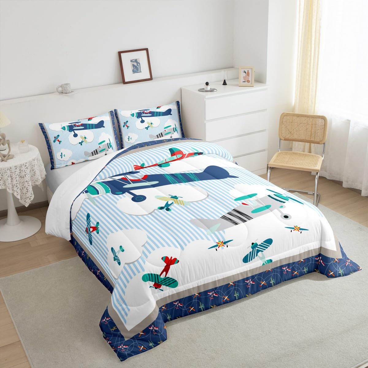 Castle Fairy Kids Airplane Full Size Comforter Set Blue Sky and White Clouds Bedding Set for Kids Adults Teens Aviation Aircraft Comforter Luxury Modern Airplane Quilt Set Room Decor 3Pcs