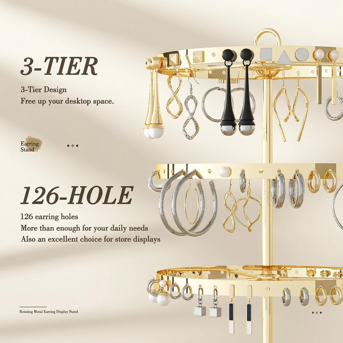 Gghenda 3-Tier Metal Earring Organizer Stand, 360° Rotation, 126 Holes, T-Shape Display Rack (Gold)