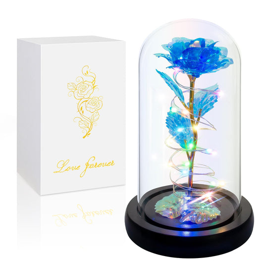 Childom Valentines Day Rose Gifts for Her,Birthday Gifts for Women Mom Mothers Day,Flowers for Delivery Prime,Colorful Blue Light Up Rose in A Glass Dome,Anniversary Valentines Rose Gift for Wife